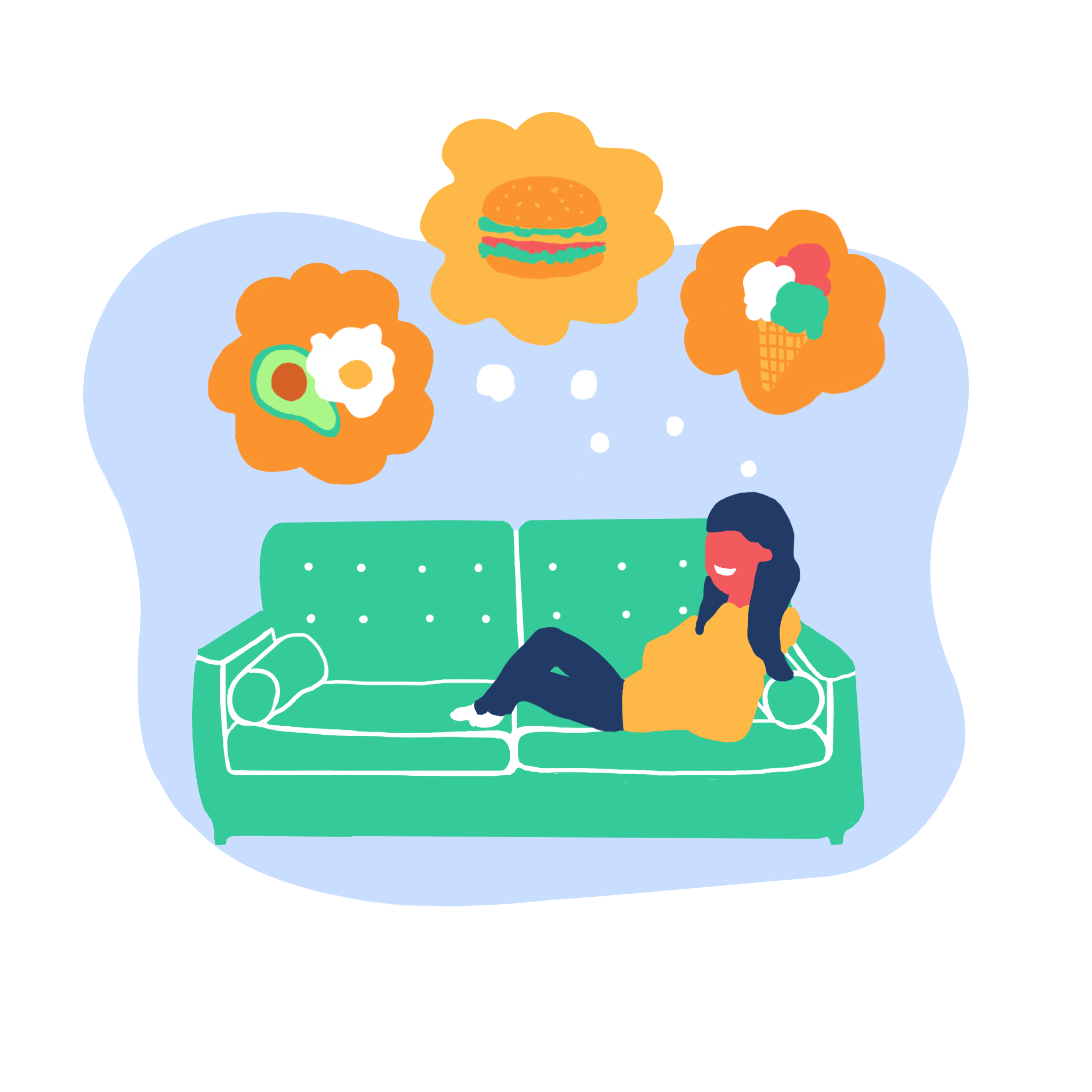 illustration of a person sitting on a couch day dreaming about food.