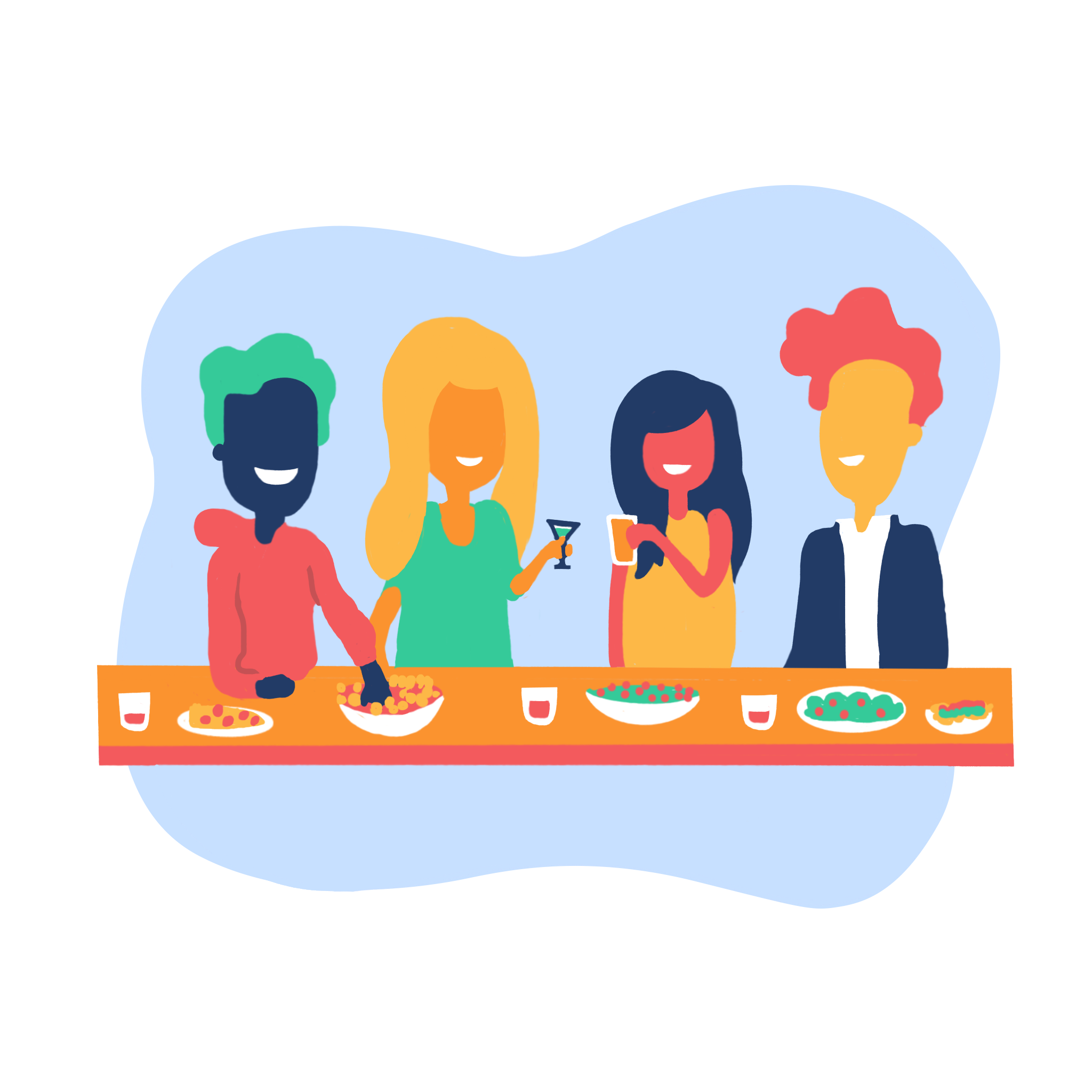 illustration of four friends around a table, happily enjoying drinks and snacks.