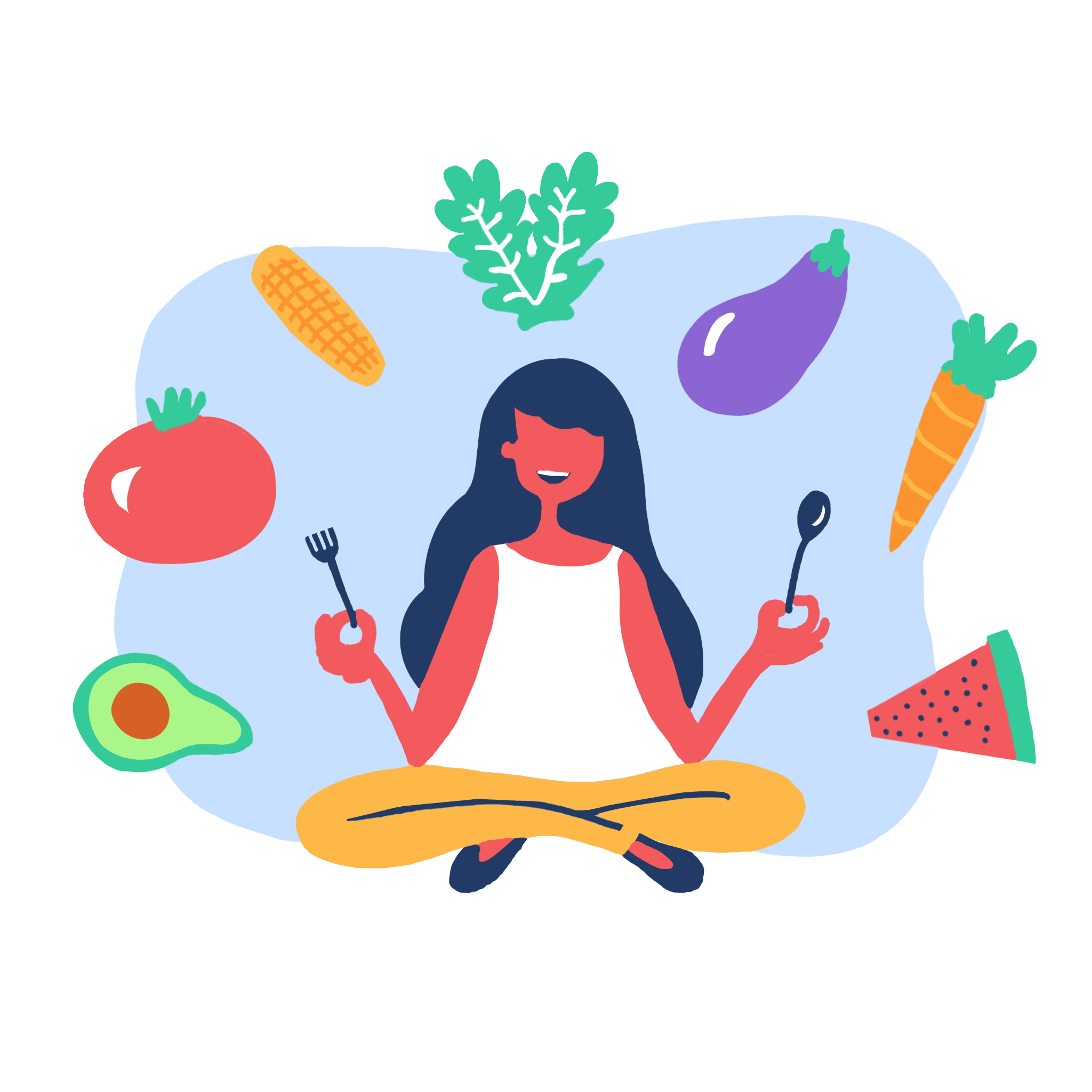 illustration of a person sitting cross legged with a fork in one hand and a spoon in the other, surrounded by fresh fruit and vegetables.